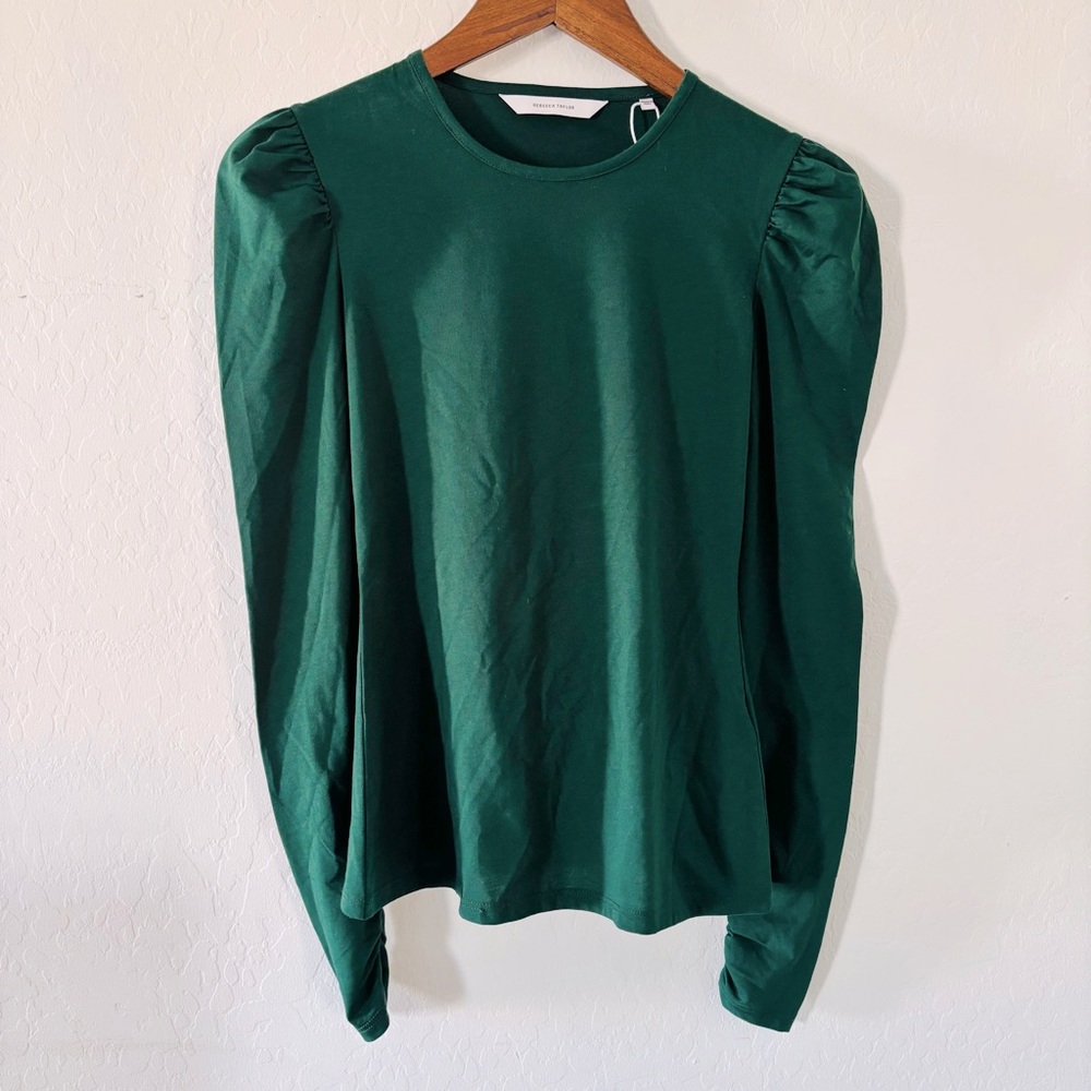 Rebecca Taylor Forest Green Blouse Ruched Shoulders Long Sleeve Cotton‎ Blend XS